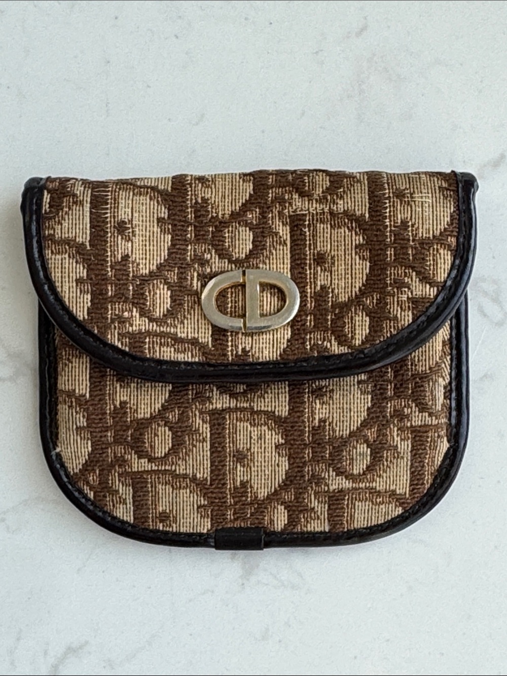 Christian Dior Vintage Trotter Monogram Canvas Coin Purse Brown DAMAGED SNAP